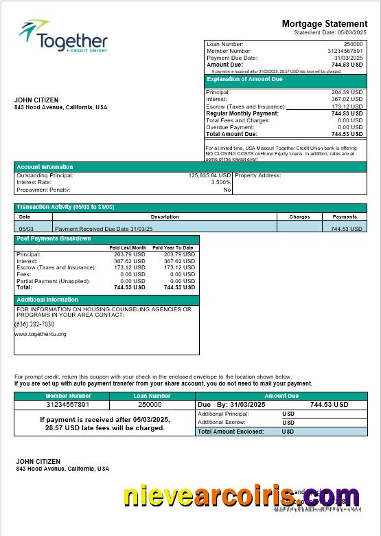 USA Missouri Together Credit Union Bank Mortgage Statement In Word And PDF Formats Template