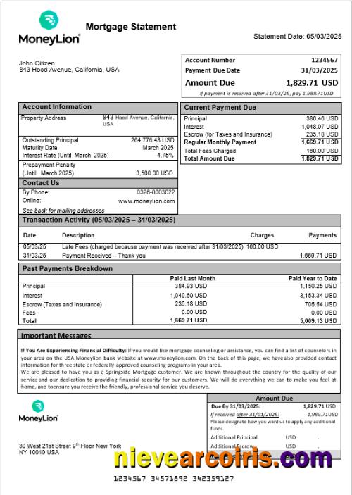 USA Moneylion Bank Mortgage Statement In Word And PDF Formats Preview