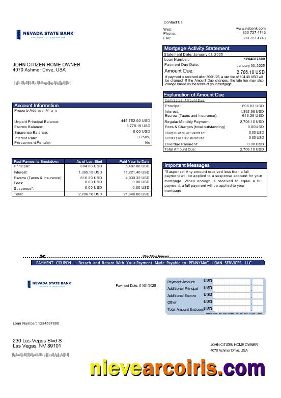 USA Nevada State Bank Mortgage Statement In Word And PDF Formats Preview