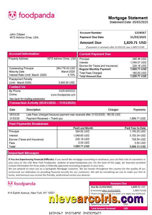 USA New York Foodpanda Mortgage Statement In Word And PDF Formats Preview