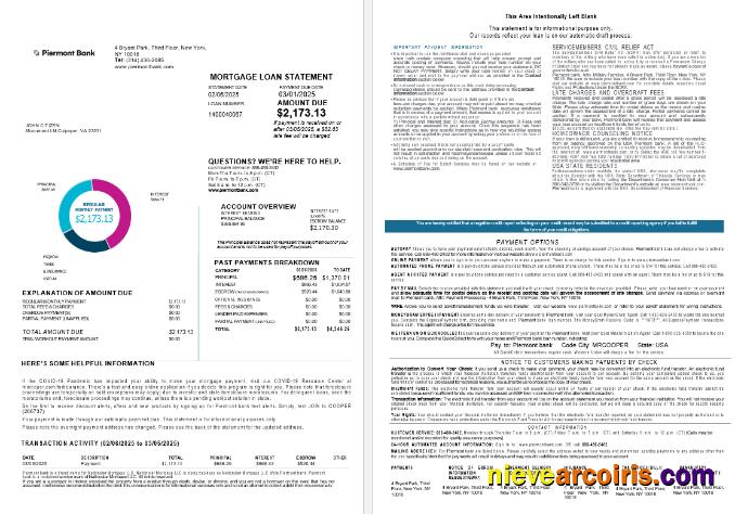 USA New York Piermont Bank Mortgage Loan Statement In Word And PDF Formats , 4 Pages 1 2 Preview