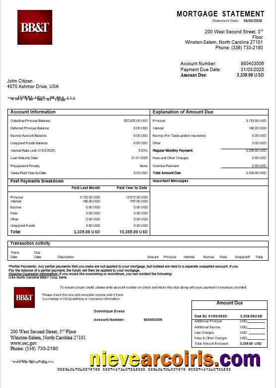USA North Carolina BB&T Corp. Bank Mortgage Statement In Word And PDF Formats Photolook