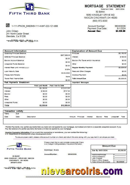 USA Ohio Fifth Third Bank Mortgage Statement Scr Photolook