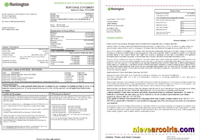USA Ohio Huntington Bank Mortgage Statement In Word And PDF Formats, 3 Pages 1 2 Template