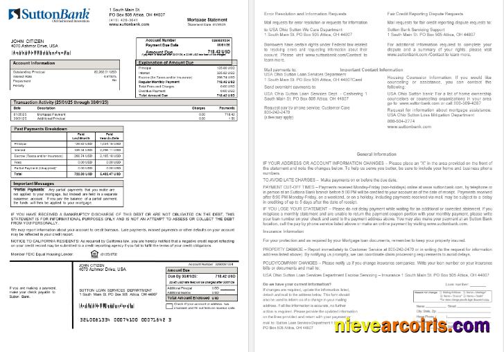 USA Ohio Sutton Bank Mortgage Statement In Word And PDF Formats Photolook