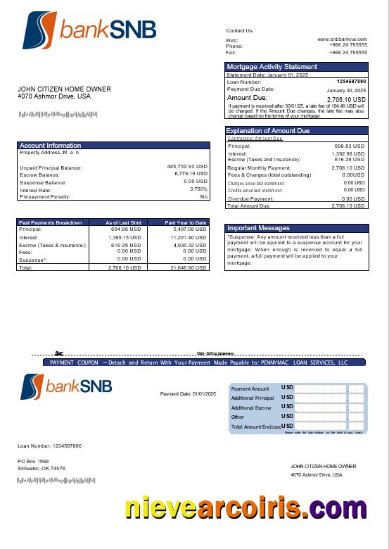 USA Oklahoma SNB Bank Mortgage Statement In Word And PDF Formats Preview