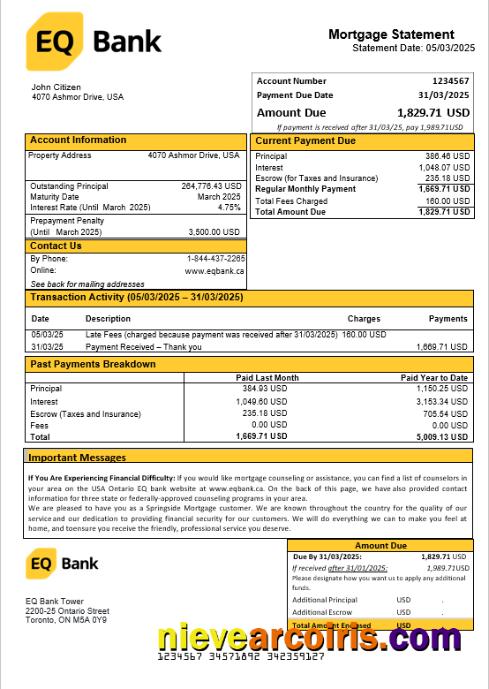 USA Ontario EQ Bank Mortgage Statement In Word And PDF Formats Template