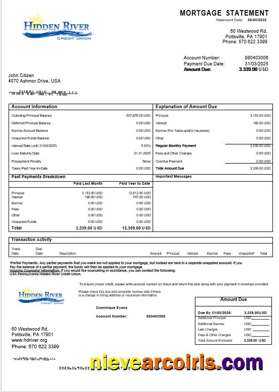 USA Pennsylvania Hidden River Credit Union Mortgage Statement In Word And PDF Formats Preview