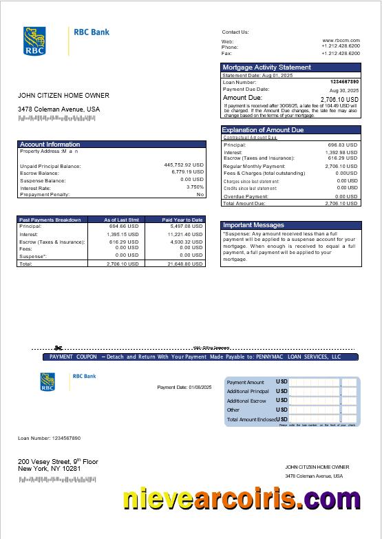USA RBC Bank Mortgage Statement In Word And PDF Formats Photolook