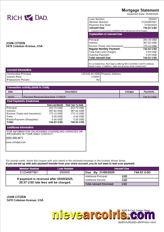 USA Rich Dad Bank Mortgage Statement In Word And PDF Formats Template