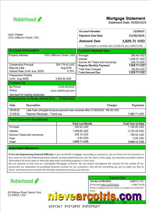 USA Robinhood Bank Mortgage Statement In Word And PDF Formats Preview