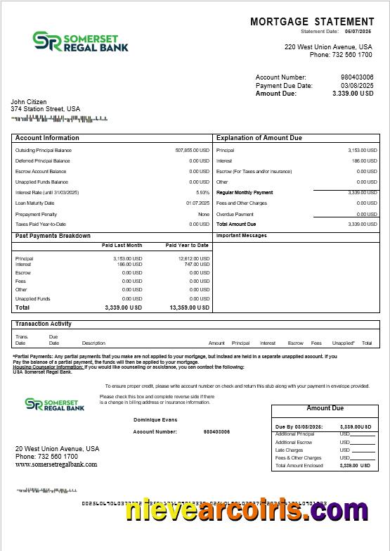 USA Somerset Regal Bank Mortgage Statement In Word And PDF Formats Sample