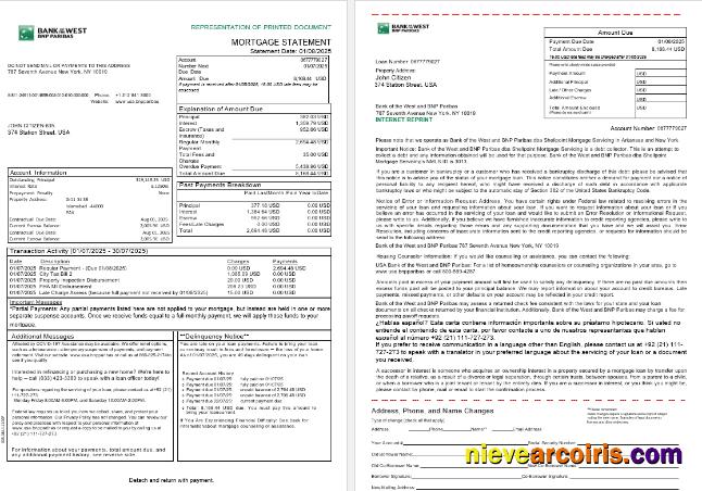 USA South Dakota Bank Of The West BNP Paribas Bank Mortgage Statement In Word And PDF Formats, 3 Pages 1 2 Template