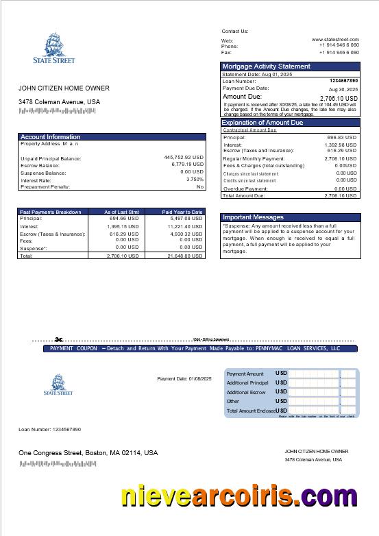 USA State Street Corporation Bank Mortgage Statement In Word And PDF Formats Template