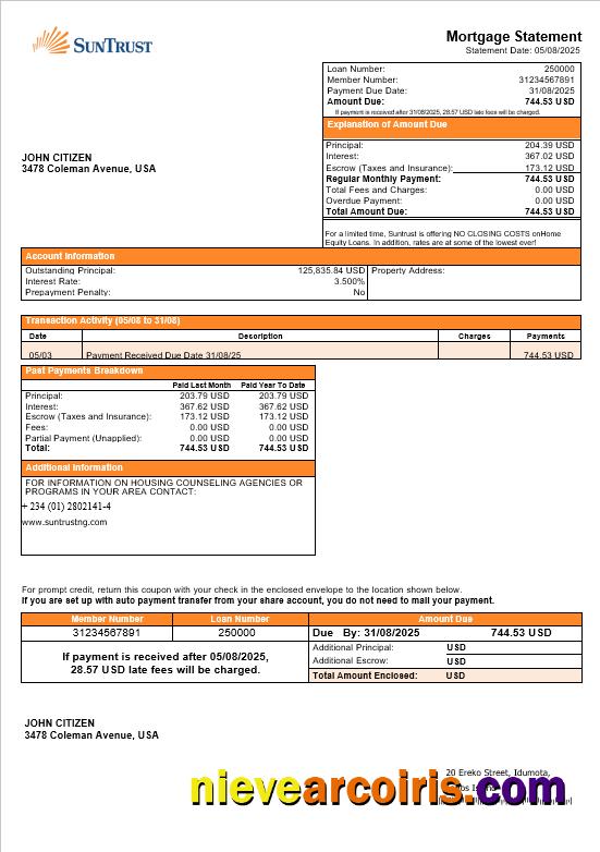 USA Suntrust Bank Mortgage Statement In Word And PDF Formats Preview