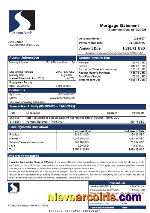 USA Sutton Bank Mortgage Statement In Word And PDF Formats Preview