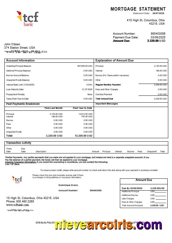 USA TCF Bank Mortgage Statement In Word And PDF Formats Preview