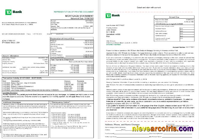 USA TD Bank Mortgage Statement In Word And PDF Formats, 3 Pages 1 2 Preview