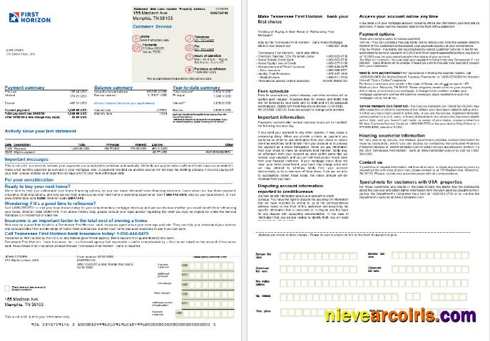 USA Tennessee First Horizon Bank Mortgage Statement In Word And PDF Formats, 2 Pages Sample