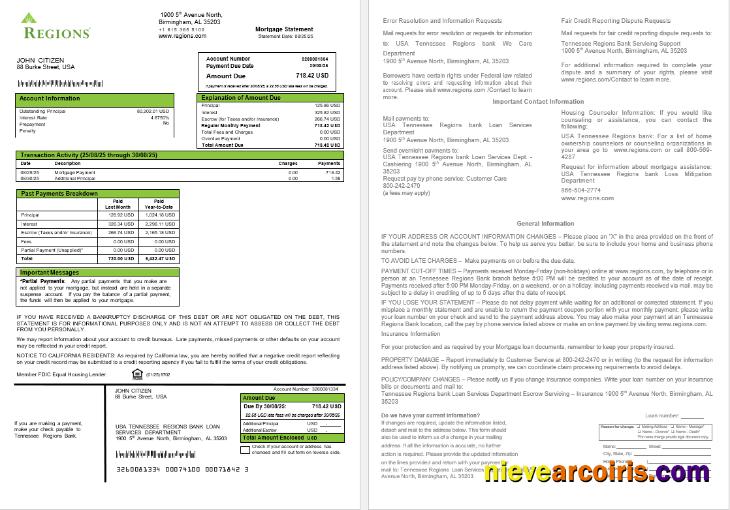 USA Tennessee Regions Bank Mortgage Statement In Word And PDF Formats Sample