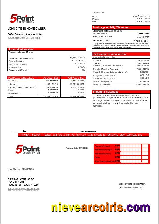USA Texas 5Point Credit Union Bank Mortgage Statement In Word And PDF Formats Template