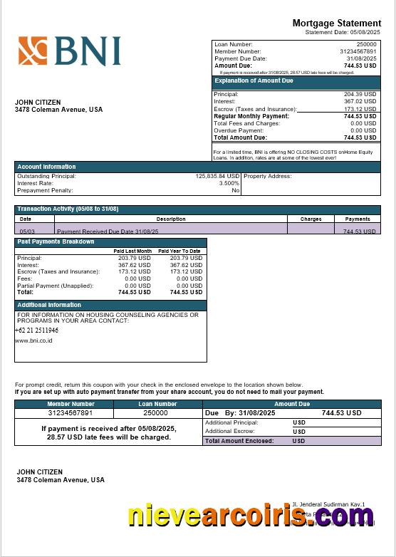 USA Texas BNI Bank Mortgage Statement In Word And PDF Formats Photolook