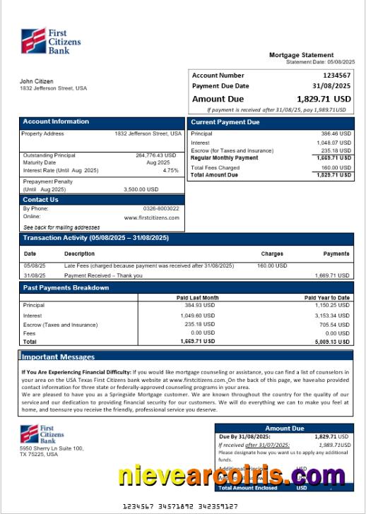 USA Texas First Citizens Bank Mortgage Statement In Word And PDF Formats Preview