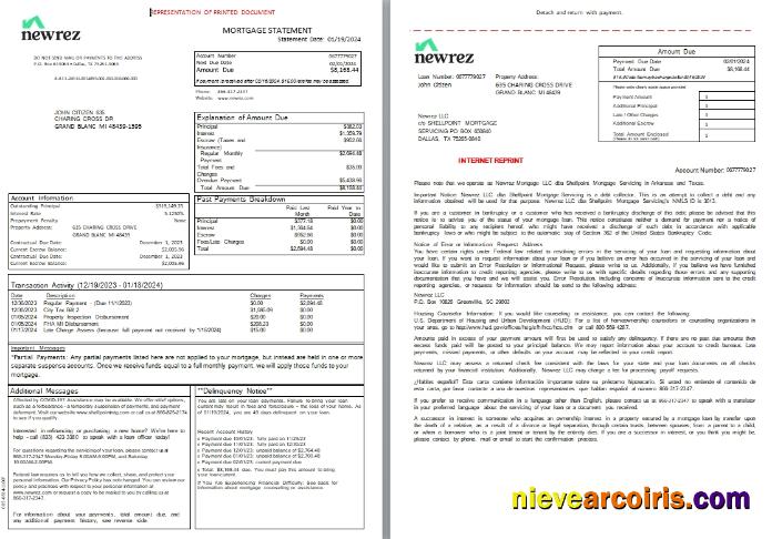 USA Texas Newrez Mortgage Statement, 3 Pages 1 2 Scr Preview