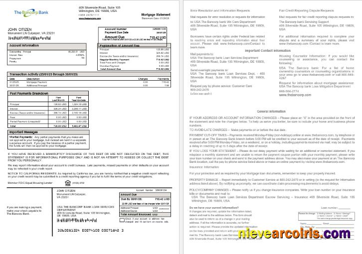 USA The Bancorp Bank Mortgage Statement In Word And PDF Formats Preview