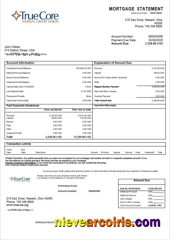 USA TrueCore Federal Credit Union Account Mortgage Statement In Word And PDF Formats Sample