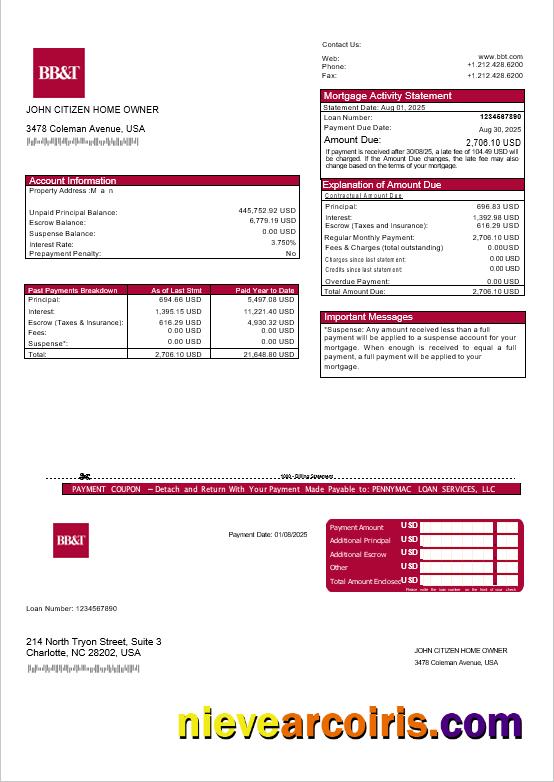 USA Washington BB&T Bank Mortgage Statement In Word And PDF Formats Template