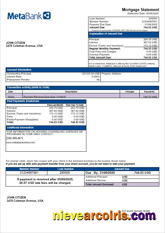 USA Washington Metabank Mortgage Statement In Word And PDF Formats Template