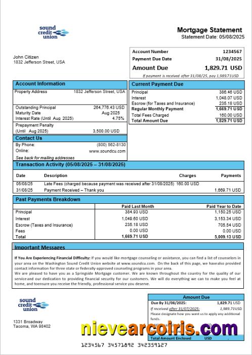 USA Washington Sound Credit Union Mortgage Statement In Word And PDF Formats Preview