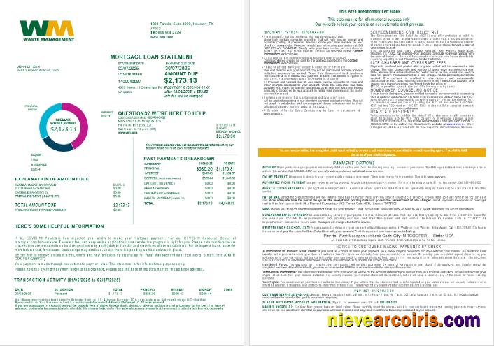 USA Waste Management Bank Mortgage Loan Statement In Word And PDF Formats , 4 Pages 1 2 Preview