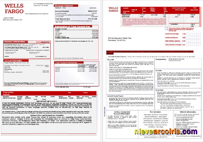 USA Wells Fargo Bank Mortgage Statement In Word And PDF Formats, 3 Pages 1 2 Photolook