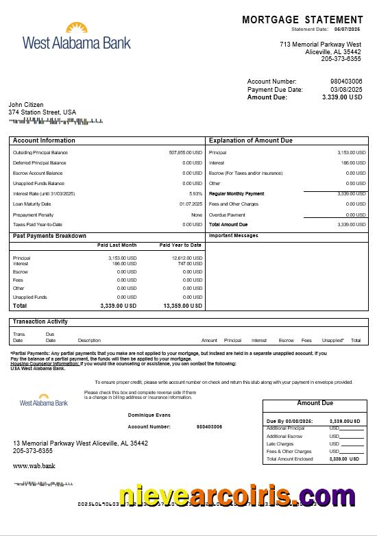 USA West Alabama Bank Mortgage Statement In Word And PDF Formats Preview