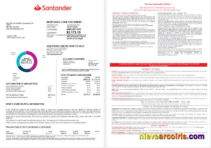 USA Santander Bank Mortgage Loan Statement In Word And PDF Formats (2) Sample
