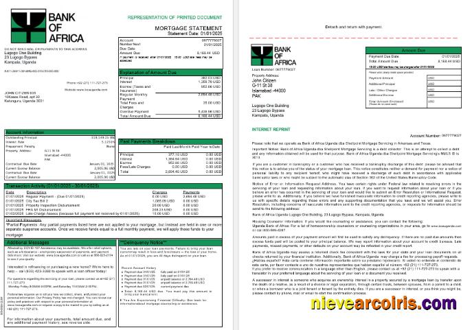 Uganda Bank Of Africa Mortgage Statement In Word And PDF Formats, 3 Pages 1 2 Preview