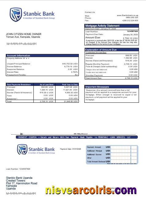 Uganda Stanbic Bank Mortgage Statement In Word And PDF Formats Sample