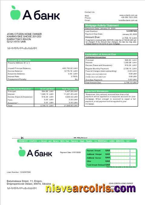 Ukraine A Bank Mortgage Statement In Word And PDF Formats Template