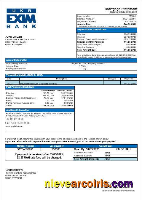 Ukraine Ukreximbank Bank Mortgage Statement In Word And PDF Formats Preview