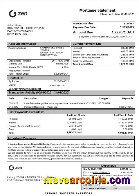 Ukraine ZEN Mortgage Statement In Word And PDF Formats Photolook