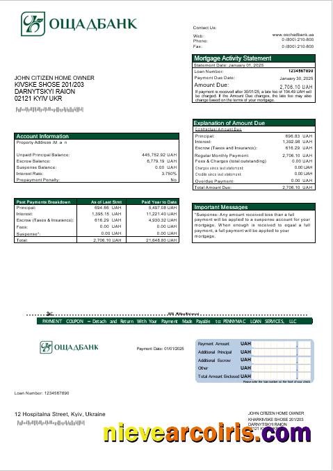 Ukrainian Oshadbank Mortgage Statement In Word And PDF Formats Preview