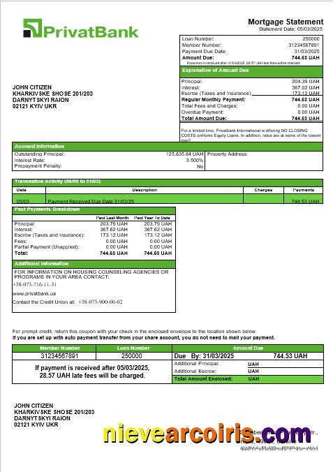 Ukrainian Privatbank Bank Mortgage Statement In Word And PDF Formats Template