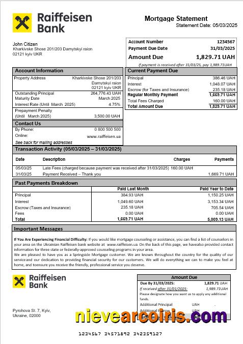 Ukrainian Raiffeisen Bank Mortgage Statement In Word And PDF Formats Template