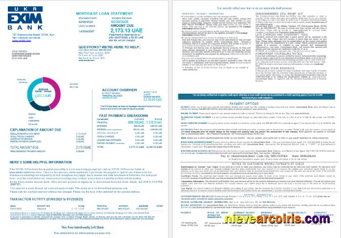 Ukrainian Ukreximbank Bank Mortgage Loan Statement In Word And PDF Formats , 4 Pages 1 2 Sample