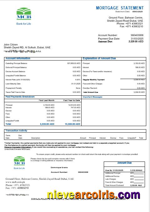 United Arab Emirates MCB Bank Mortgage Statement In Word And PDF Formats Sample