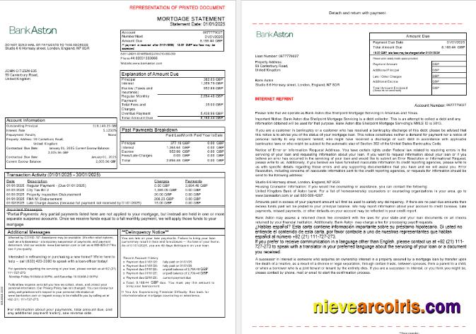 United Kingdom Bank Of Aston Bank Mortgage Statement In Word And PDF Formats, 3 Pages 1 2 Sample
