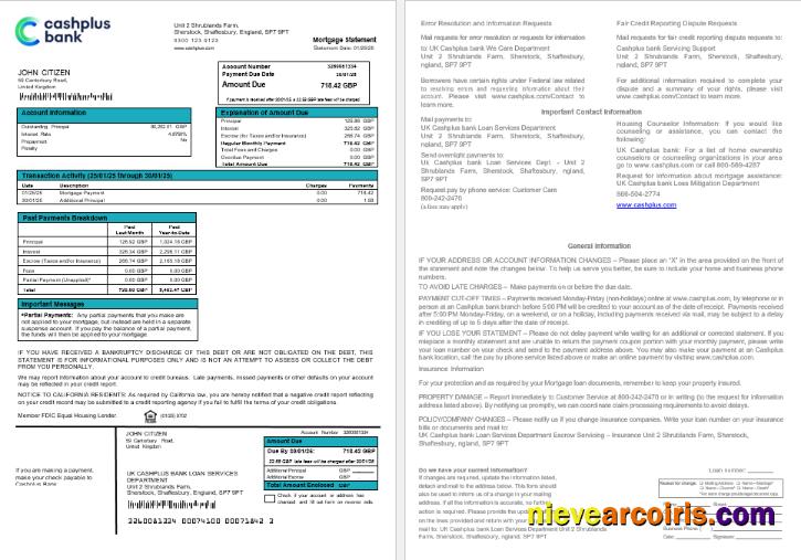 United Kingdom Cashplus Bank Mortgage Statement In Word And PDF Formats Sample