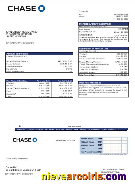 United Kingdom Chase Bank Mortgage Statement In Word And PDF Formats Template